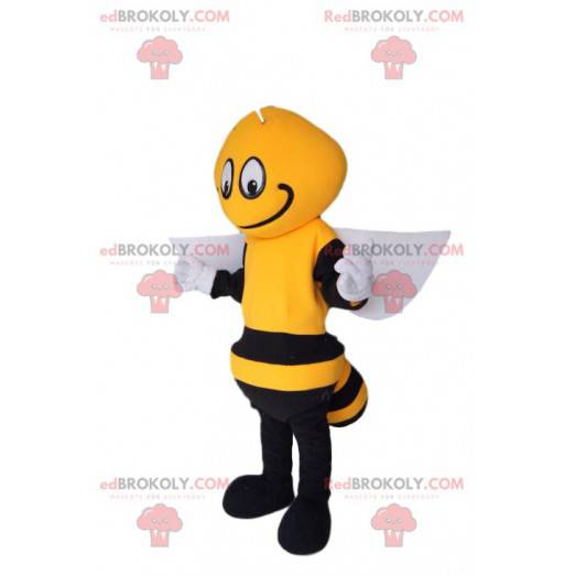 Mascote abelha preta e amarela, com asas brancas -