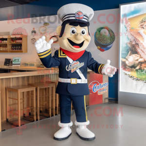 Navy Ceviche mascot costume character dressed with a Bomber Jacket and Suspenders