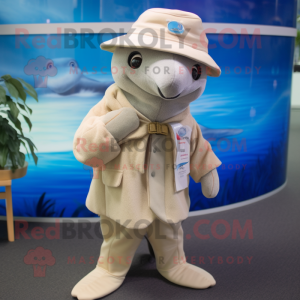 Beige Dolphin mascot costume character dressed with a Coat and Hats