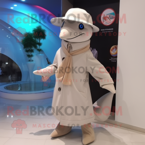 Beige Dolphin mascot costume character dressed with a Coat and Hats