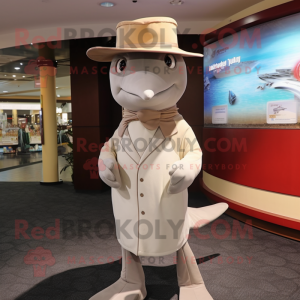 Beige Dolphin mascot costume character dressed with a Coat and Hats