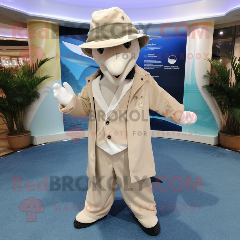 Beige Dolphin mascot costume character dressed with a Coat and Hats Beige Dolphin mascot costume character dressed with a Coat and Hats