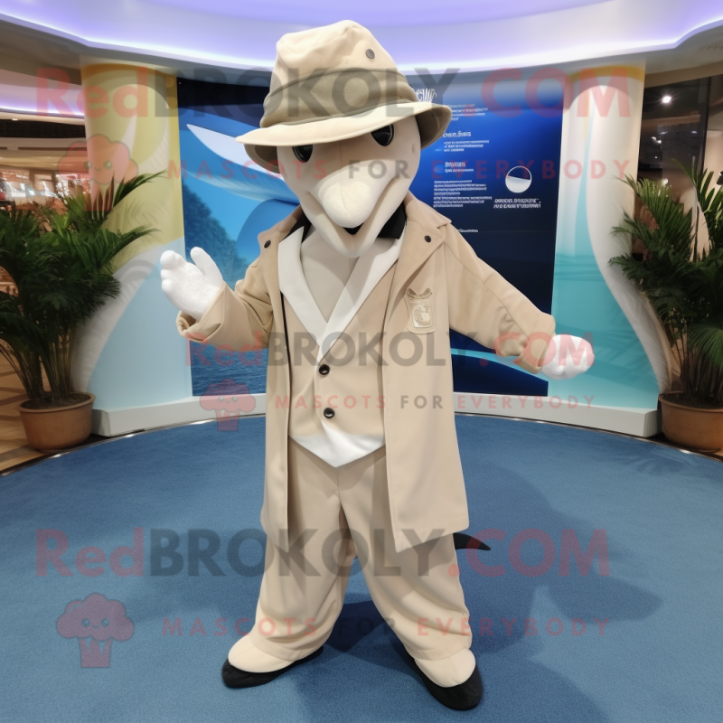 Beige Dolphin mascot costume character dressed with a Coat and Hats