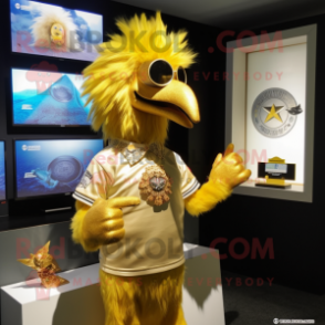 Gold Chicken mascot costume character dressed with a Rash Guard and Hair clips