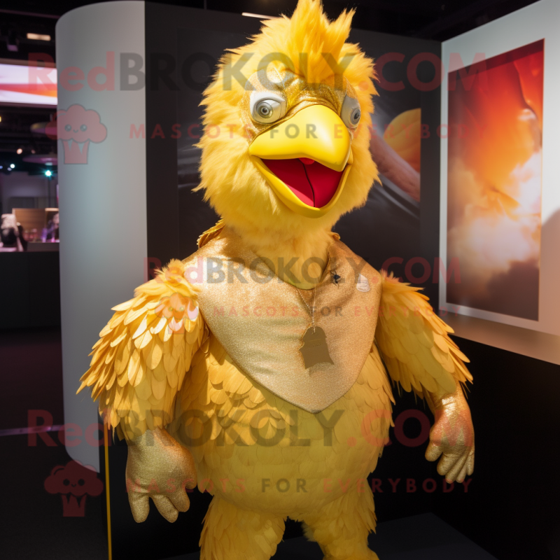 Gold Chicken mascot costume character dressed with a Rash Guard and Hair clips Gold Chicken mascot costume character dressed with a Rash Guard and Hair clips