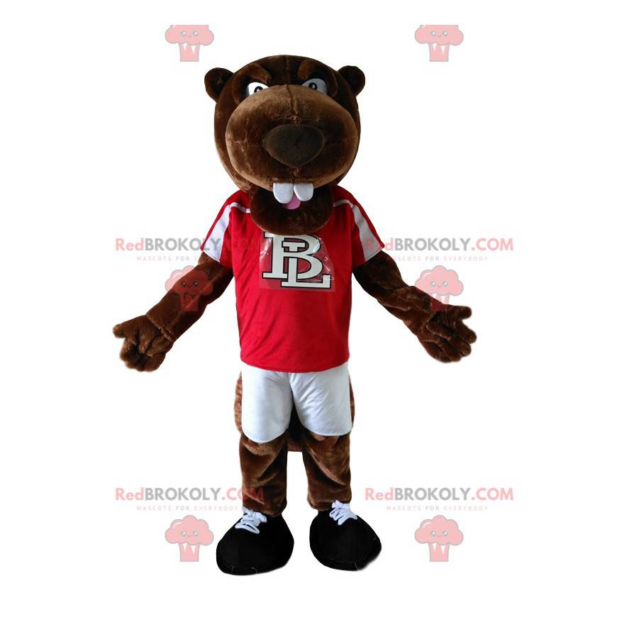 Mascotbrun bæver med rød trøje. - Redbrokoly.com