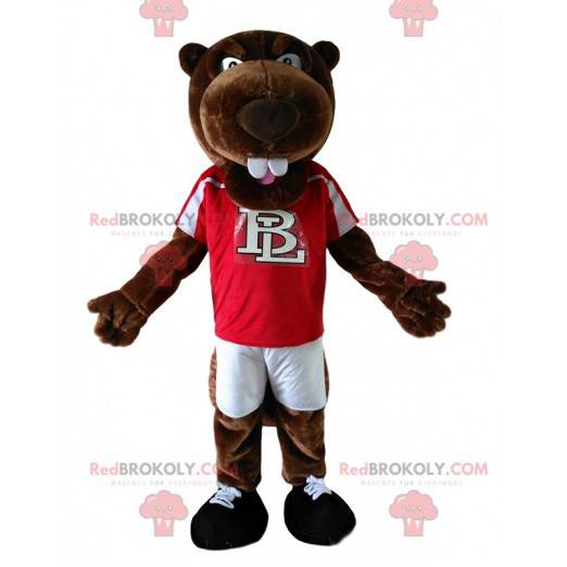 Castoro marrone mascotte con una maglia rossa. - Redbrokoly.com
