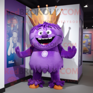 Purple King mascot costume character dressed with a Romper and Hair clips