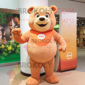 Peach Bear mascot costume character dressed with a Tank Top and Wraps