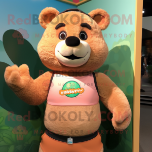 Peach Bear mascot costume character dressed with a Tank Top and Wraps