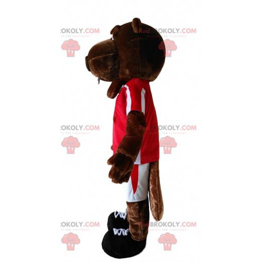 Bruine bever mascotte met een rode trui. - Redbrokoly.com