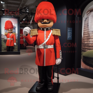 Rust British Royal Guard mascot costume character dressed with a Empire Waist Dress and Shoe laces