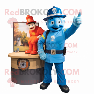 Blue Fire Fighter mascot costume character dressed with a Henley Tee and Cummerbunds