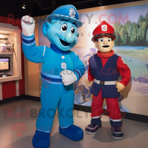 Blue Fire Fighter mascot costume character dressed with a Henley Tee and Cummerbunds
