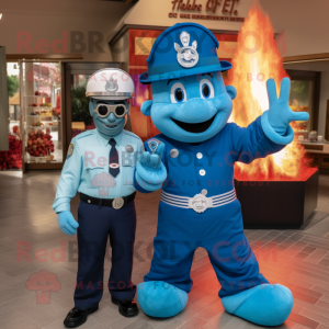 Blue Fire Fighter mascot costume character dressed with a Henley Tee and Cummerbunds