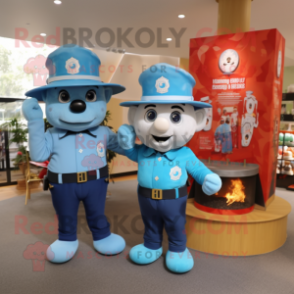 Blue Fire Fighter mascot costume character dressed with a Henley Tee and Cummerbunds