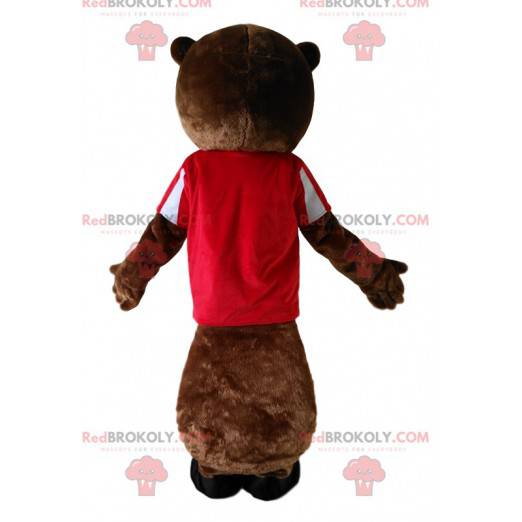 Mascot castor marrón con una camiseta roja. - Redbrokoly.com