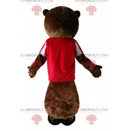 Mascote castor marrom com uma camisa vermelha. - Redbrokoly.com