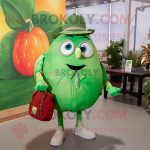 Green Tomato mascot costume character dressed with a Poplin Shirt and Backpacks