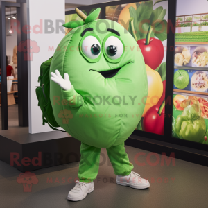 Green Tomato mascot costume character dressed with a Poplin Shirt and Backpacks
