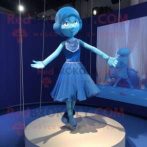 Blue Trapeze Artist mascot costume character dressed with a Skirt and Necklaces