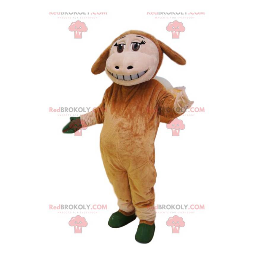 Mascotte de mouton marron avec un joli sourire. - Redbrokoly.com