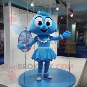 Blue Trapeze Artist mascot costume character dressed with a Skirt and Necklaces