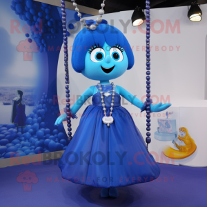 Blue Trapeze Artist mascot costume character dressed with a Skirt and Necklaces