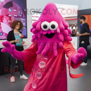 Magenta Fried Calamari mascot costume character dressed with a Coat and Cummerbunds