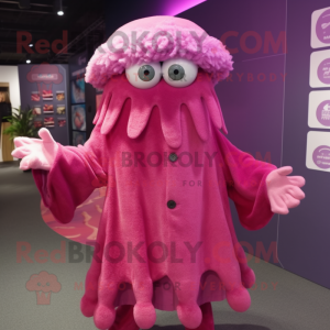 Magenta Fried Calamari mascot costume character dressed with a Coat and Cummerbunds