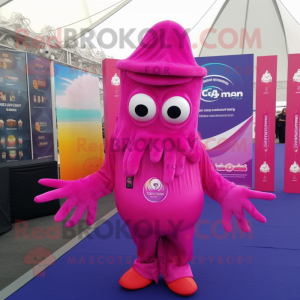 Magenta Fried Calamari mascot costume character dressed with a Coat and Cummerbunds