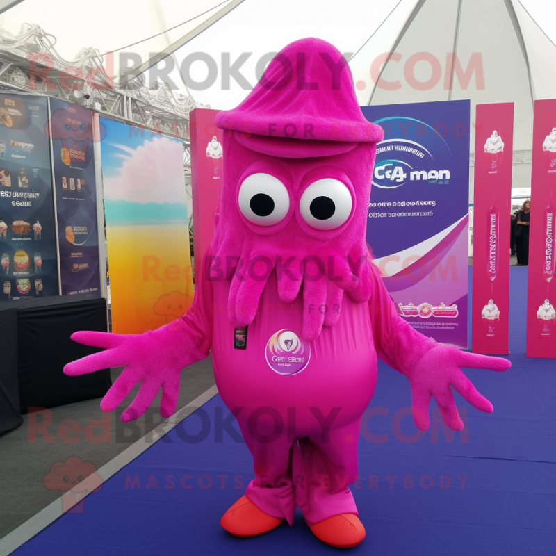Magenta Fried Calamari mascot costume character dressed with a Coat and Cummerbunds Magenta Fried Calamari mascot costume character dressed with a Coat and Cummerbunds