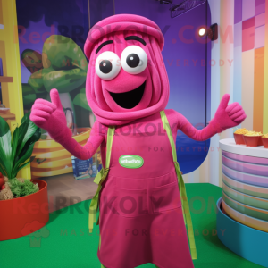 Magenta Pesto Pasta mascot costume character dressed with a Overalls and Rings