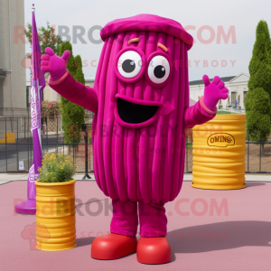 Magenta Pesto Pasta mascot costume character dressed with a Overalls and Rings