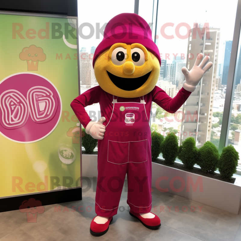 Magenta Pesto Pasta mascot costume character dressed with a Overalls and Rings Magenta Pesto Pasta mascot costume character dressed with a Overalls and Rings
