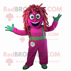 Magenta Pesto Pasta mascot costume character dressed with a Overalls and Rings