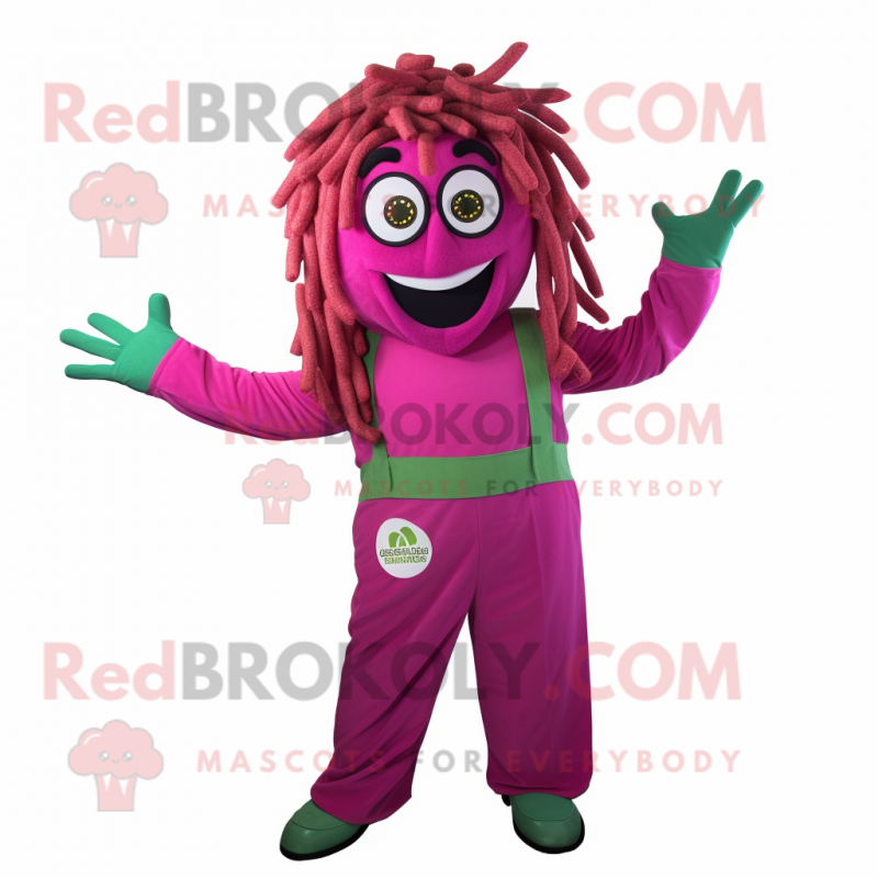 Magenta Pesto Pasta mascot costume character dressed with a Overalls and Rings Magenta Pesto Pasta mascot costume character dressed with a Overalls and Rings