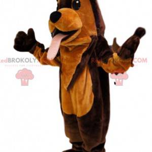 Mascotte de chien marron et orange super rigolo. Costume de