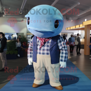 Beige Blue Whale mascot costume character dressed with a Flannel Shirt and Ties