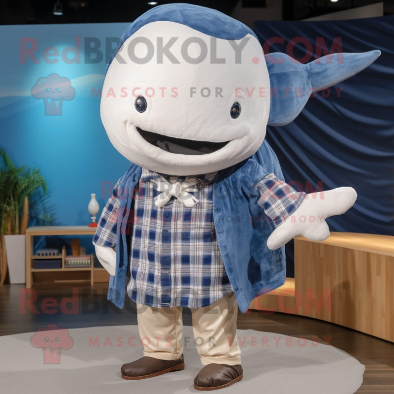 Beige Blue Whale mascot costume character dressed with a Flannel Shirt and Ties Beige Blue Whale mascot costume character dressed with a Flannel Shirt and Ties