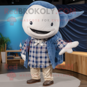 Beige Blue Whale mascot costume character dressed with a Flannel Shirt and Ties