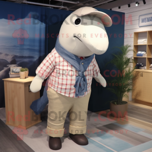 Beige Blue Whale mascot costume character dressed with a Flannel Shirt and Ties