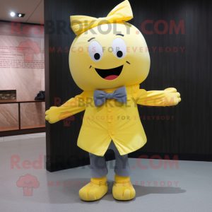 Yellow Dim Sum mascot costume character dressed with a Jeans and Bow ties