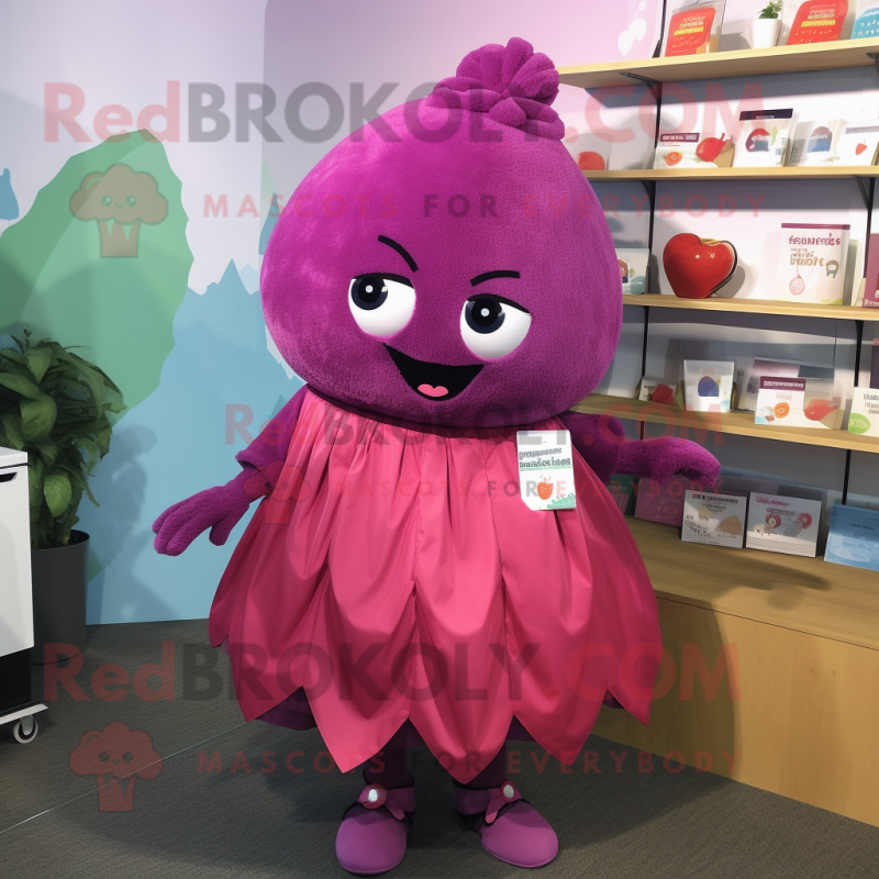 Magenta Grape mascot costume character dressed with a Pleated Skirt and Tie pins