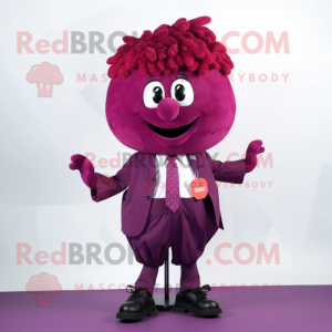 Magenta Grape mascot costume character dressed with a Pleated Skirt and Tie pins