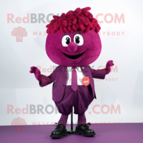 Magenta Grape mascot costume character dressed with a Pleated Skirt and Tie pins