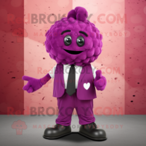 Magenta Grape mascot costume character dressed with a Pleated Skirt and Tie pins