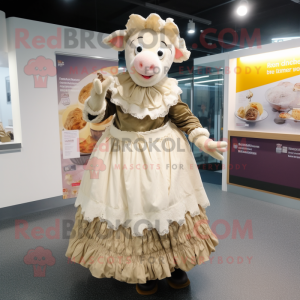 Cream Beef Wellington mascot costume character dressed with a Midi Dress and Shawls