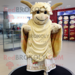 Cream Beef Wellington mascot costume character dressed with a Midi Dress and Shawls