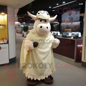 Cream Beef Wellington mascot costume character dressed with a Midi Dress and Shawls